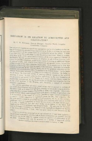 Irrigation In Its Relation To Agriculture And Colonisation.