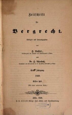 Zeitschrift für Bergrecht : ZfB, 1. 1860