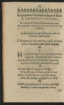 Sequuntur Hymni aliquot sacri M. Theophili Cangiseri, In Natalem & Resurrectionem Dominicam.
