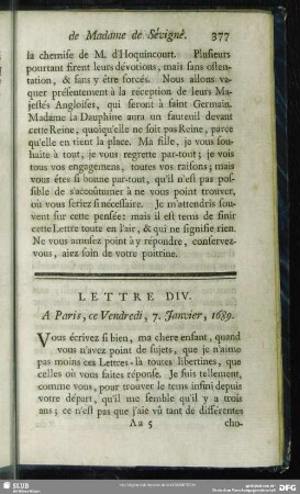 Lettre DIV. A Paris, ce Vendredi, 7. Janvier, 1689