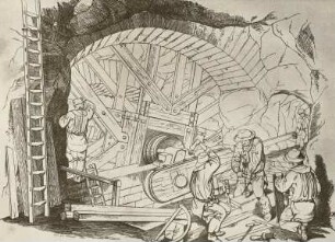 Stellmacherarbeit an einem Kunstrad in der Roten Grube, Freiberg (Sachsen), Zeichnung von Eduard Heuchler, 1857. Aus: Edurad Heuchler: Die Bergknappen in ihrem Berufs- und Familienleben, Dresden 1857, Abb. 14