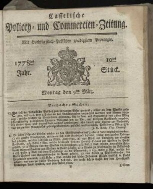 10tes Stueck, Montag den 9ten Maerz. 1778