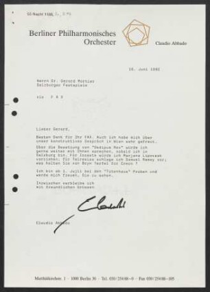 Brief an Gerard Mortier an Salzburger Festspiele, 16.06.1992