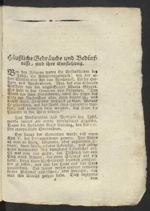 Häußliche Gebräuche und Bedürfnisse, und ihre Entstehung.