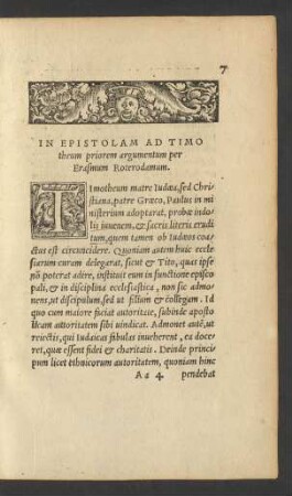 In Epistolam Ad Timotheum priorem argumentum per Erasmum Roterodamum.
