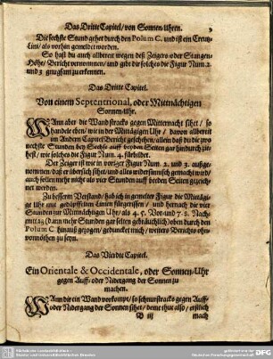 Das Vierdte Capitel. Ein Orientale & Occidentale, oder Sonnen-Uhr gegen Auff- oder Nidergang der Sonnen zu machen.
