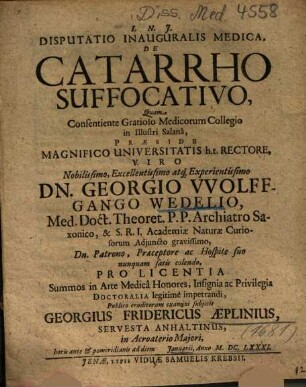 Disputatio inauguralis medica de catarrho suffocativo