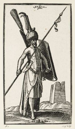Soldat mit Schild und Lanze, aus: Melchior Lorch, "Des Weitberühmten Kunstreichen und Wolerfahrnen herrn Melchior Lorichs, Flensburgensis Wolgerissene und geschnittene Figuren zu Ross und Fuss sampt schönen Türkischen Gebäuden und allerhand was in der Türkey ze sehen", Hamburg 1626