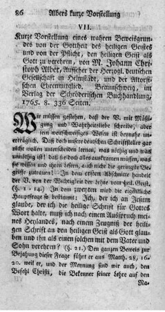 VII. Kurze Vorstellung eines wahren Beweisgrundes von der Gottheit des heiligen Geistes und von der Pflicht, den heiligen Geist als Gott zu verehren.