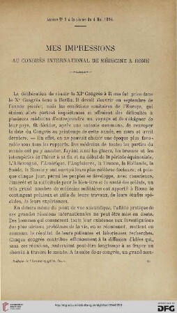 3.Ser. 5.1894: Mes impressions au Congrès international de médecine à Rome