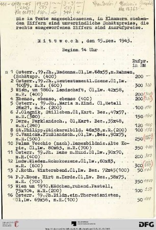 Mittwoch, den 15. Dez. 1943. Beginn 14 Uhr (Nr. 1-111)
