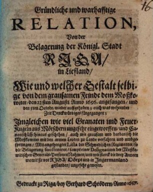 Gründliche Relation von der Belagerung der Stadt Riga in Liefland