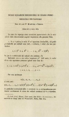 Sulle equazioni irreducibili di grado primo risolubili per radicali.