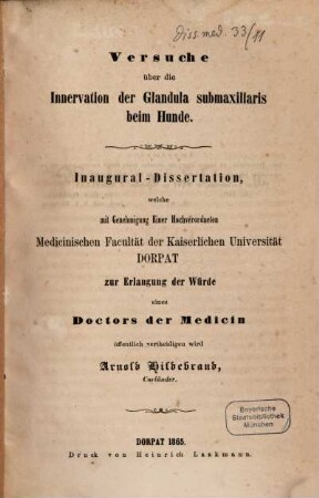 Versuche über die Innervation der Glandula submaxillaris beim Hunde : Inaug. Diss.