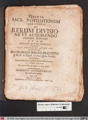 Quarta Sacr. Institutionum Exercitatio De Rerum Divisione Et Acquirendo Ipsarum Dominio