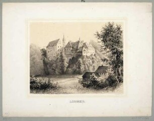 Das Schloss in Lohmen in der Sächsischen Schweiz von Nordosten über die Wesenitz gesehen, aus dem Album der Rittergüter und Schlösser im Königreiche Sachsen