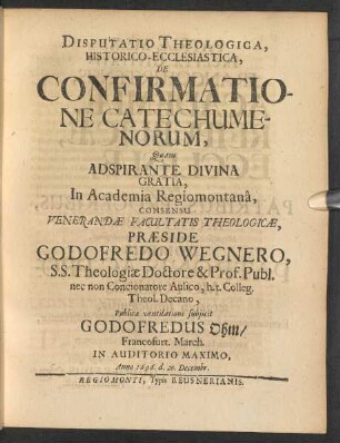 Disputatio Theologica, Historico-Ecclesiastica, De Confirmatione Catechumenorum