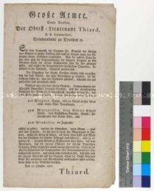 Bekanntmachung des Kommandanten von Dresden Auxonne-Marie-Thédose de Thiard betreffend die Verpflegung der einquartierten Soldaten in deutscher und französischer Sprache