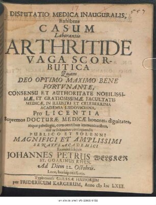 Disputatio Medica Inauguralis, Exhibens Casum Laborantis Arthritide Vaga Scorbutica