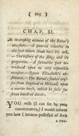 Chap. XI. An interesting account of the Baron's ancestors. - A quarrel relative to the spot where Noah built his ark. - The history of the sling, and its properties. - A favourite poet introduced upon no very r