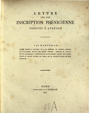 Lettre sur une inscription Phénicienne trouvée à Athènes