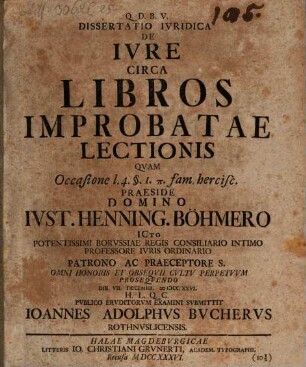 Dissertatio ivridica De ivre circa libros improbatae lectionis