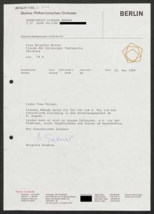 Brief an Brigitte Ritter an Verein der Freunde der Salzburger Festspiele, 20.05.1994
