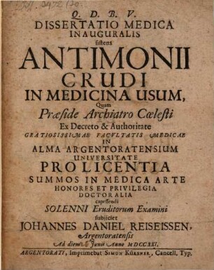 Diss. med. inaug. sistens antimonii crudi in medicina usum