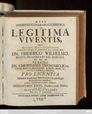 Dissertatio Inauguralis Juridica, De Legitima Viventis