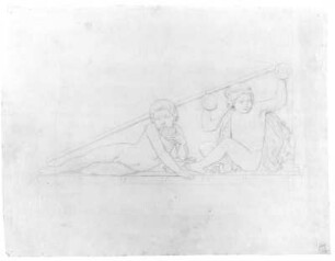 Werkzeichnung für den Nordgiebel : Rietschel, Ernst. Nordgiebel des Berliner Opernhauses: "Die Musik zwischen Ballett und Oper". Werkzeichnung für den Nordgiebel. Bleistift auf elfenbeinfarbenem Velin; 21,9 x 28,6 cm. Zwischen Dezember 1843/August 1844. Privatbesitz. WVZ 286