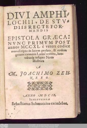 Divi Amphilochii, De Studiis Recte Formandis Epistola Graeca