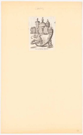 Sechs Silbergeräte aus dem Lüneburger Silberschatz (Ratssilberzeug der Stadt Lüneburg): Ansichten sechs reich ornamentierter Tafelgeräte (Gießgefäß in Form eines Löwen, Trinkhorn, Humpen und drei Pokale)