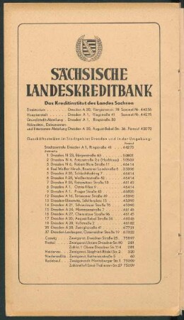 Plan von Dresden mit besonderer Kennzeichnung der total zerstörten Gebiete, 1:20 000, 1947 : Der neue Plan von Dresden : mit besonderer Kennzeichnung der total zerstörten Gebiete; nach vermessungsamtlichen Unterlagen bearbeitet / Kartografie: Kurt Dietrich ; nach vermessungsamtl. Unterlagen bearb. v. Heinz Graefe. - 1:20 000. - Dresden : Dresdener Verl.-Ges. , [ca. 1947]. - 1 Kt. : mehrfarb. ; 96 x 87 cm, gefaltet + Straßenverzeichnis // Mit 1 Nebenkt.: Innere Stadt (1:12 500)