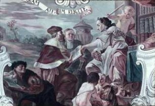 Die Personifikation des Reichtums überreicht zwei Gelehrten ein Buch: "Doctrinam magis quam aurum eligite" (Sprüche 8:10)