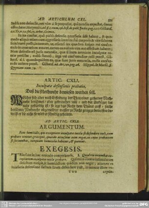 Artic CXLI. Inculpatae defensionis probatio. Daß die Nothwehr bewiesen werden soll