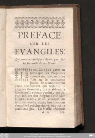 Preface Sur Les Evangiles. Qui contient quelques Remarques sur la Divinité de ces Ecrits.