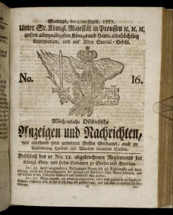 No. 16. Montags, den 20ten April, 1767.