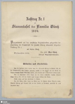 Nachtrag Nr. 1: Stammtafel der Familie Güntz : mit archivalischen Mittheilungen und biographischen Notizen