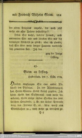 43. Gleim an Lessing. Halberstadt, den 7. März 1760