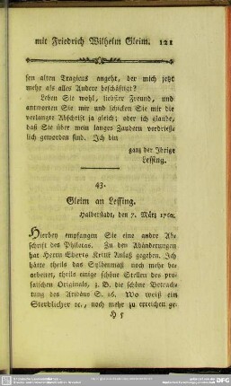 43. Gleim an Lessing. Halberstadt, den 7. März 1760