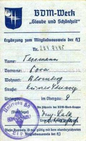 Ergänzung zum Mitgliedsausweis der HJ für Cora Tessmann