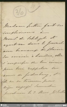 Eigenh. Brief von John Tottie an August Wilhelm von Schlegel, London, ohne Datumsangabe