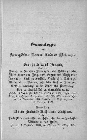 I. Genealogie des Herzoglichen Hauses Sachsen Meiningen