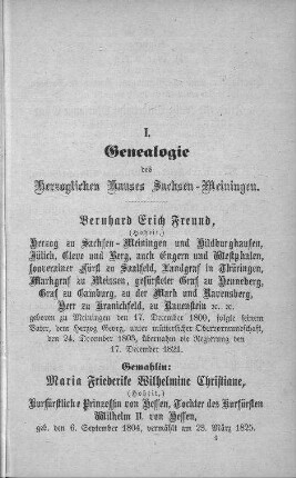 I. Genealogie des Herzoglichen Hauses Sachsen Meiningen