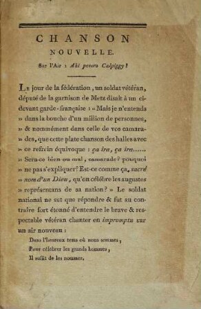 Chanson Nouvelle : Sur l'Air: Ahi povero Calpiggy