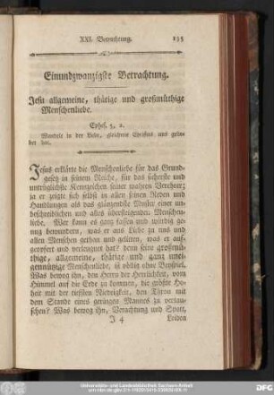 Einundzwanzigste Betrachtung. Jesu allgemeine, thätige und großmüthige Menschenliebe.