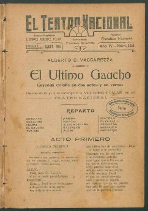 El último gaucho : leyenda criolla en dos actos y en verso