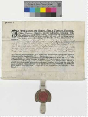 Lehnbrief der von Laffert, ausgestellt von Jobst Edmund von Brabeck. Eigenhändige Unterschrift.