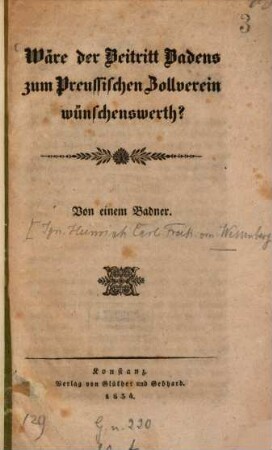 Wäre der Beitritt Badens zum Preussischen Zollverein wünschenswerth?