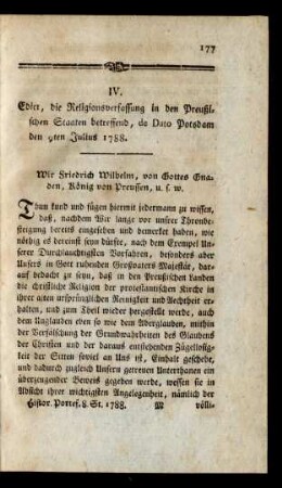 IV. Edict, die Religionsverfassung in den Preußischen Staaten betreffend, de dato Potsdam den 9ten Julius 1788